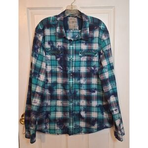 Guess Blue White Plaid Tie Dye Dillion Slim Fit Button Up Streetwear Size XL